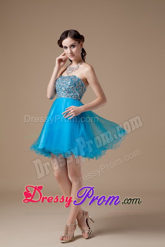 Mini-length Teal A-line Strapless Organza Prom Gown with Beads